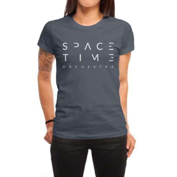 Woman in grey Spacetime Orchestra T-shirt
