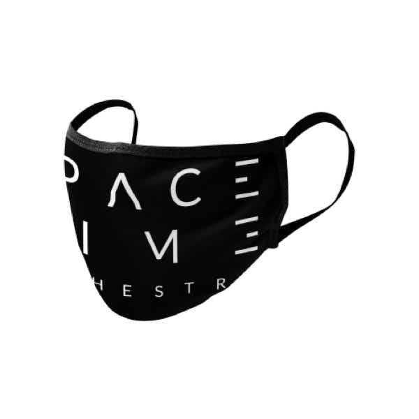 A black and white Spacetime Orchestra face mask